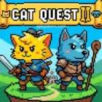 Pixel art illustration of a yellow cat knight and a blue dog mage standing together for Cat Quest II.