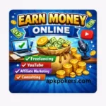 A colorful graphic titled "Earn Money Online" featuring icons for Freelancing, YouTube, Affiliate Marketing, and Consulting with a bag of gold coins.