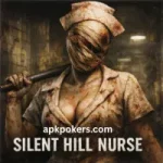 A horror themed Silent Hill nurse character with a bandaged face holding a pipe in a dark hospital setting.