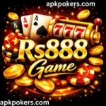 Promotional banner for Rs888 Game featuring a slot machine, aces, and golden casino chips on a dark background.