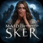 Promotional horror artwork of Maid of Sker featuring a frightened woman covering her mouth in front of a haunted Victorian mansion under moonlight.