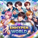 Anime style 200x200 image of ENHYPEN WORLD Game showing all seven members with a vibrant fantasy background.