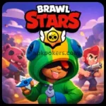 Colorful Brawl Stars artwork featuring Leon in a green hoodie with Nita and Colt in the background.