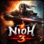 Nioh 3 dark samurai warrior with glowing sword and fiery background