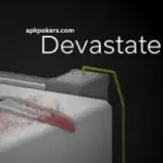 A dark, stylized graphic titled Devastate featuring a sharp, blood stained blade on a laboratory surface.