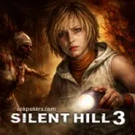 Silent Hill 3 promotional artwork featuring Heather Mason holding a flashlight with a terrifying monster in a dark, foggy environment.