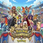 A vibrant illustration of famous Pokémon Champions standing on a decorated stage inside a crowded stadium.