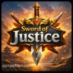 Official Sword of Justice game logo featuring a golden sword against a fiery background.