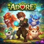 Colorful Adore game artwork featuring a young hero surrounded by magical creatures in a fantasy forest.
