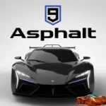 Asphalt 9 racing game featuring a futuristic black supercar on a clean background.