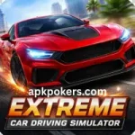 Red sports car speeding on a city road in Extreme Car Driving Simulator game.