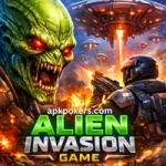 Alien Invasion Game mobile icon showing soldier fighting green aliens with UFOs over a burning city.