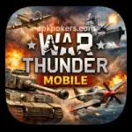 A high action promotional banner for War Thunder Mobile featuring a tank, a battleship, and a fighter plane amidst fire and explosions.