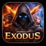 Exodus mobile RPG game icon featuring a hooded warrior dragon and elf hero in epic fantasy battle.