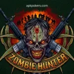 Zombie Hunter survival shooter gameplay scene showing armed survivors fighting zombies in an apocalyptic city environment.