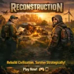 Reconstruction survival strategy game poster showing two survivors rebuilding a camp in a post-apocalyptic city environment.