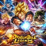 Dragon Ball Legends action poster featuring Super Saiyan Goku, Broly, and various powerful fighters in a dynamic battle pose.