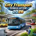 City Transport Simulator 2026 game cover showing a busy city street with buses, taxis, and trams.
