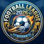 Football League 2026 game logo featuring a soccer ball with dynamic flame effects and a golden badge design.