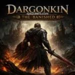 Dark fantasy warrior standing in a fiery ruined city in Dargonkin The Banished game artwork
