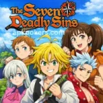 The Seven Deadly Sins anime characters Meliodas, Elizabeth, Ban, King, and Diane in a heroic pose.