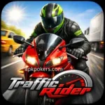 Traffic Rider mobile racing game icon featuring a motorcyclist riding a red sports bike on a highway.
