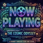 Vibrant neon sign with NOW PLAYING text, film reels, and musical notes on a dark brick wall.