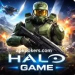 Master Chief soldier holding a futuristic rifle in a sci fi battlefield scene from the Halo Game.