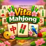 Vita Mahjong mobile puzzle game logo with Mahjong tiles, bamboo, and cherry blossom design.