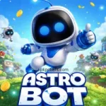 Astro Bot jumping in a colorful futuristic platform adventure world with coins and robots.