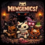 A group of cute but fierce cartoon warrior cats in a dark dungeon, featuring the Mewgenics logo and apkpokers.com branding.