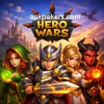 Hero Wars fantasy RPG characters including a warrior, mage, healer, and demon hero standing in front of a magical castle background.