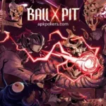 A dynamic action packed gaming illustration for Ball X Pit featuring fantasy characters and skeletal monsters in a dark red environment.