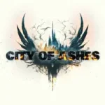 Cinematic logo for "City of Ashes" featuring a dark winged emblem and a ruined skyline against a white background.