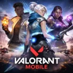 Valorant Mobile agents in action with futuristic weapons and cityscape background.