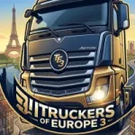 A stylized 3D game icon for Truckers of Europe 3 featuring a modern gold and black truck with the Eiffel Tower in the background.