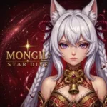 Digital anime style portrait of a white haired fox eared girl from Mongil: Star Dive against a cosmic red background.