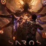 A futuristic soldier facing a giant multi armed cosmic deity in a cinematic battle scene from the game Saros.