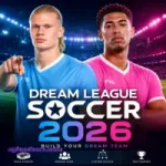 Dream League Soccer 2026 football game poster featuring two players in stadium lights background.