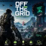 Off The Grid cyberpunk battle royale game poster showing armored soldier overlooking futuristic Teardrop Island combat zone.