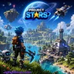 Futuristic space exploration game scene featuring a blue-haired character overlooking a sci-fi planet base with floating islands, spacecraft, and a massive planet labeled Project Stars.