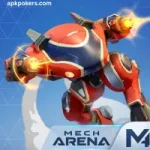 High definition 3D render of a futuristic red mech from the game Mech Arena firing orange energy blasts in a dynamic mid air action pose.