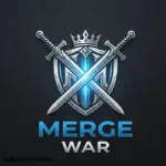 Professional Merge War game logo featuring crossed silver swords, a shield, and a crown on a dark background.