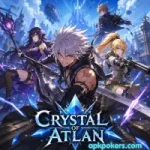 Anime-style fantasy action game artwork featuring Crystal of Atlan characters in a magical steampunk world with glowing crystals and battle-ready heroes.