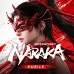 A high quality promotional poster for Naraka Bladepoint Mobile featuring a female warrior in a red mask.
