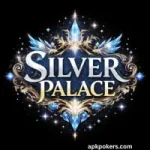 Ornate fantasy logo design featuring the text “Silver Palace” with blue crystal wings and golden decorative elements on a dark starry background.