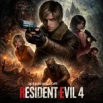 Resident Evil 4 action game poster featuring main characters armed with guns fighting zombie enemies in a dark horror setting.