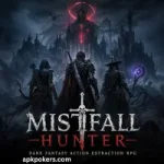 Mistfall Hunter dark fantasy action extraction RPG heroes standing before a gothic castle battlefield scene.
