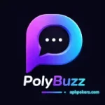 Modern PolyBuzz app logo featuring a gradient chat bubble icon with neon purple and blue tones on a dark background.