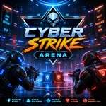Futuristic cyberpunk arena with two armored soldiers aiming weapons under neon lights and bold “Cyber Strike Arena” title.
